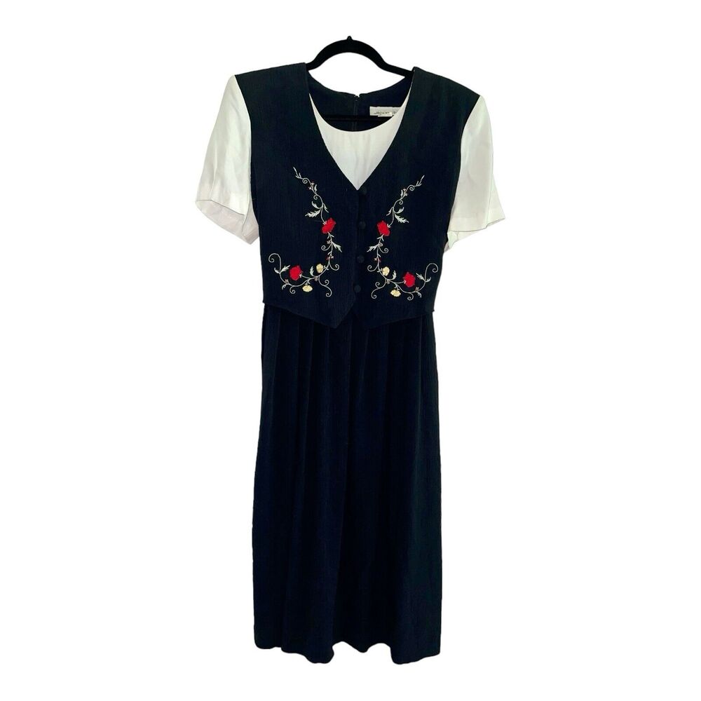 Vintage Allison-che Dress Medium Black White Floral Embroidery 90s Teacher